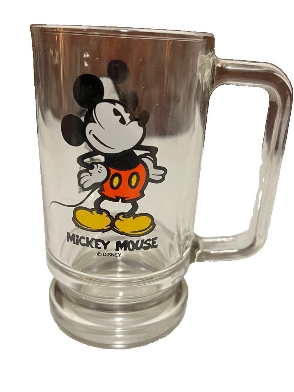 Vintage Walt Disney Mickey Mouse Clear Glass  Mug Cup Stein 5.25 inches